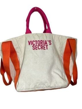 NWT Victoria's Secret Bombshell Beach Tote Bag Cream with Pink Logo Orange Strap